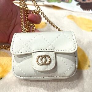 White Quilted Mini Crossbody Bag with Gold Chain